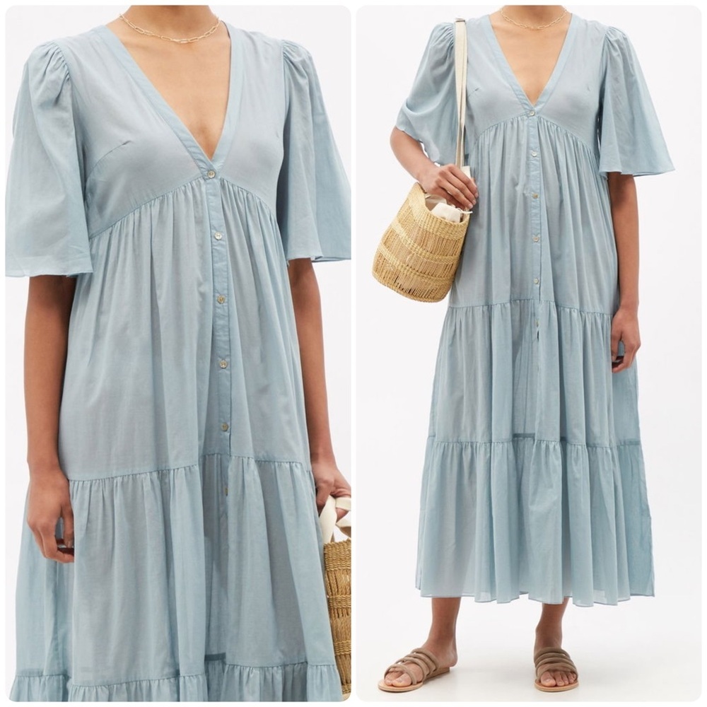 New! Loup Charmant Symi Cotton-Voile Light Blue V-Neck Buttoned Dress 🩵 Medium